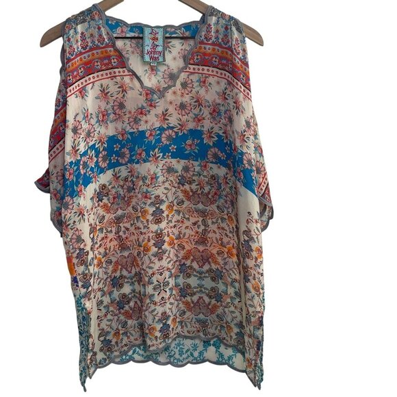 Johnny Was Betimo Boho Tunic Top XS Multicolor Embroidered Sheer Scalloped Hem - Picture 2 of 10